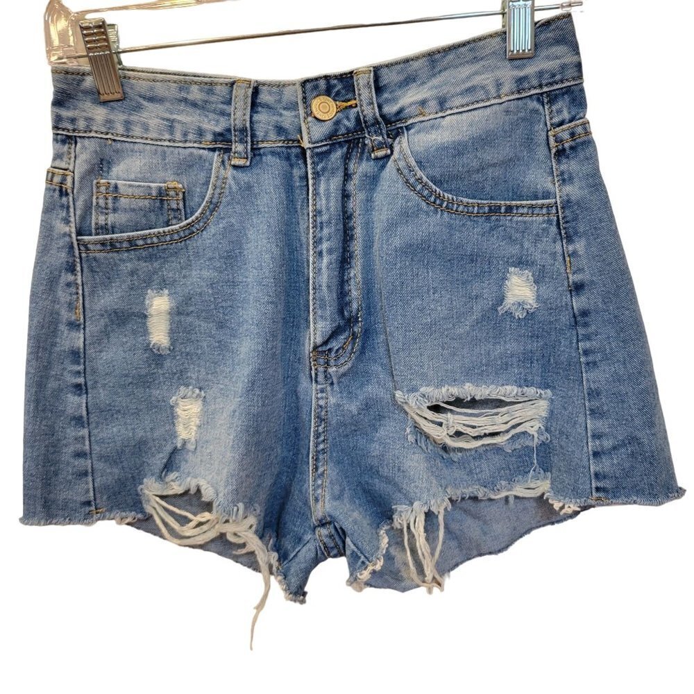 Shein Sz Small Light Wash Distressed Raw Hem Hi-Rise Stretch Blue Denim Shorts